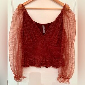 Anthropologie Cherry Wine/Bord Tulle Blouse Size XL